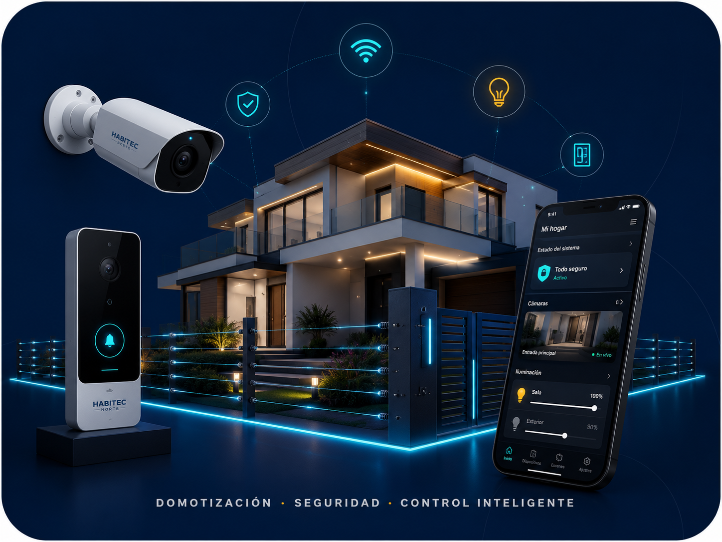 Casa inteligente Habitec Norte con cámaras, cerco eléctrico, iluminación y control desde el celular